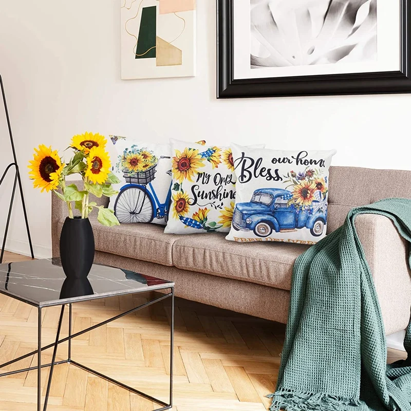 

Sunflower Throw Pillow Covers 18 x 18 Inch Summer Decorations Pillowcase Blue and Orange Farmhouse Theme Pillowcase