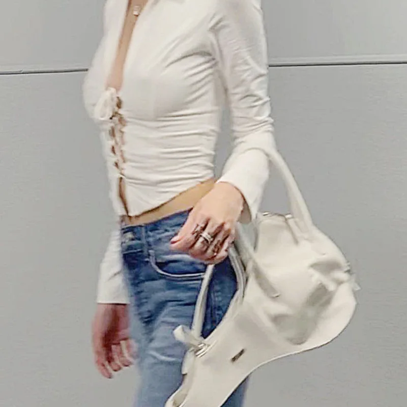 

Donsignet Fashion Women T-shirt Sexy Street Shooting Hollow Cross Tie Lapel Navel Bare Long-sleeved T-shirt Short Woman T-shirts