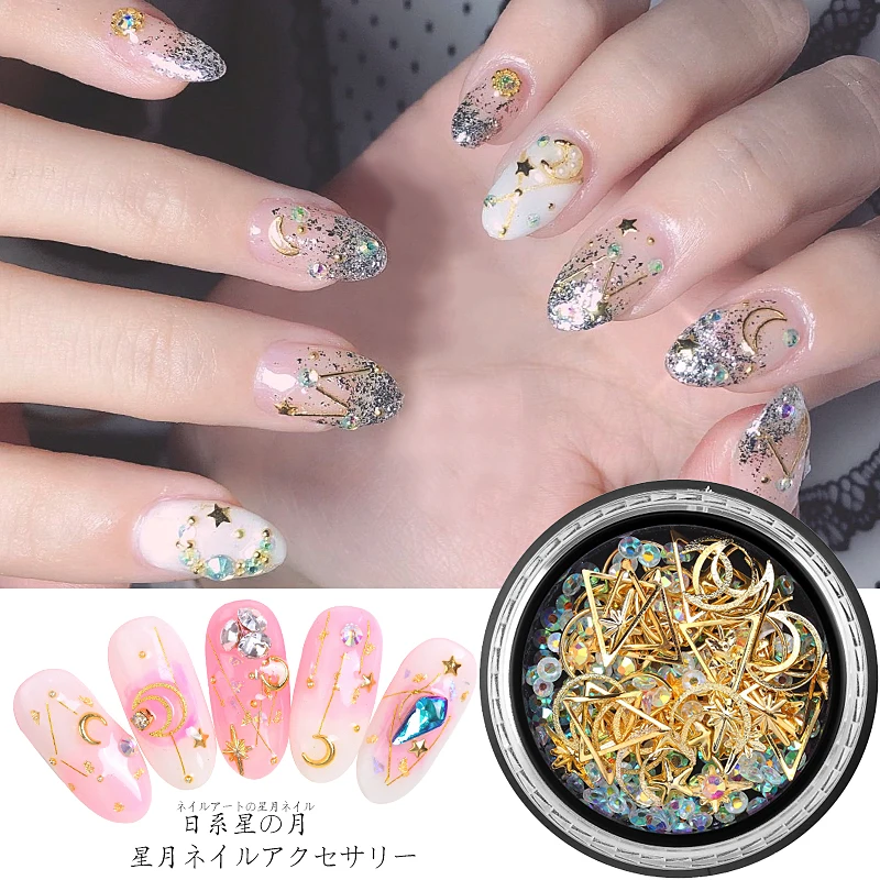 

3D Nail Art Mixed Decorations 1Box Crystal Rhinestones Hollow Star Moon Shape Nails Studs Rivet Mini Beads Nail Accessories