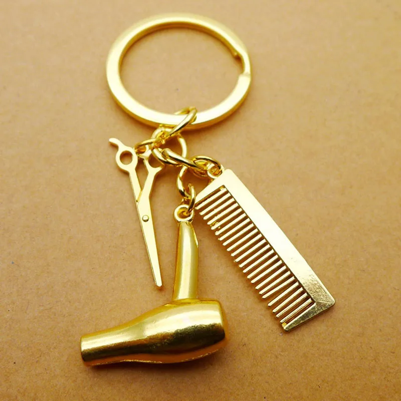 

2021 Hair Stylist Essential Hair Dryer Scissors Comb Decorative Keychains Hairdressers Gift Key Rings Hair Dryer Keyring