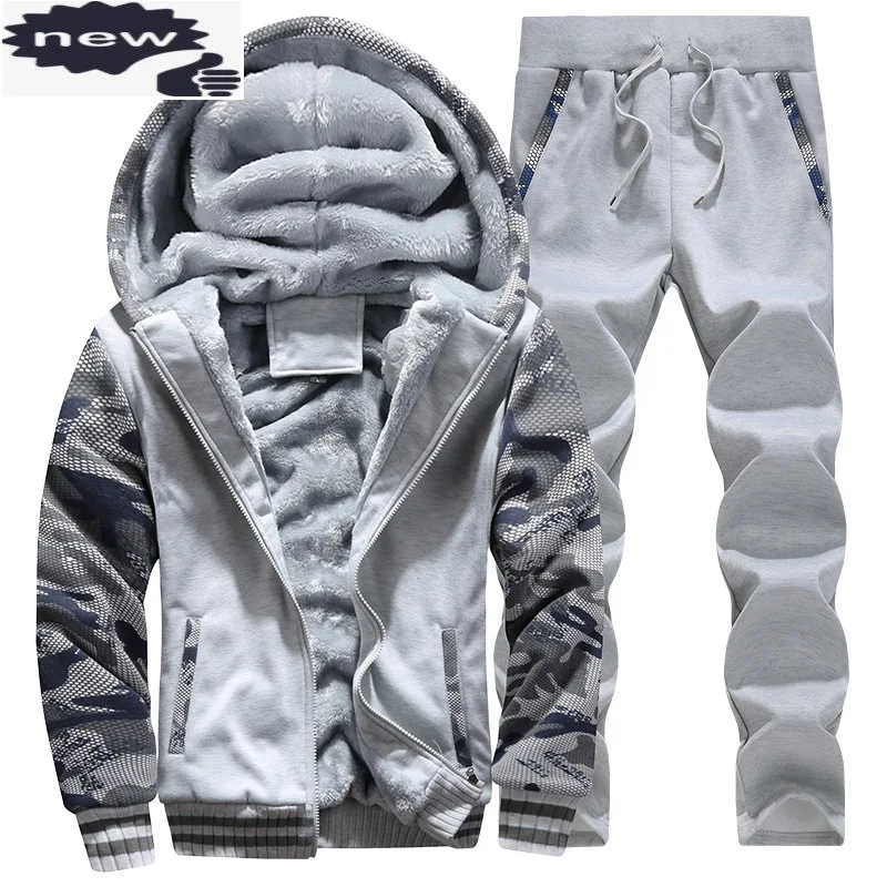 Winter Fleece Lining Warm Mens Suits Hooded Coat Fashion Printed Male Tracksuit Casual Thick Outwear Clothing Jacket+Pants Sets