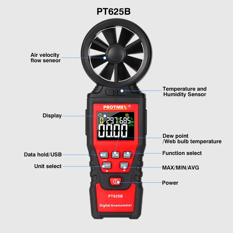 Digital Anemometer Handheld Wind Speed Meter Gauge Air Volume Meter Air Velocity Measuring Flow Meter Via LCD Screen