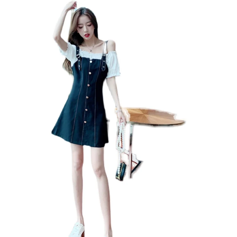 

COIGARSAM Women dress New Spaghetti Strap High Waist Dresses Black 7855