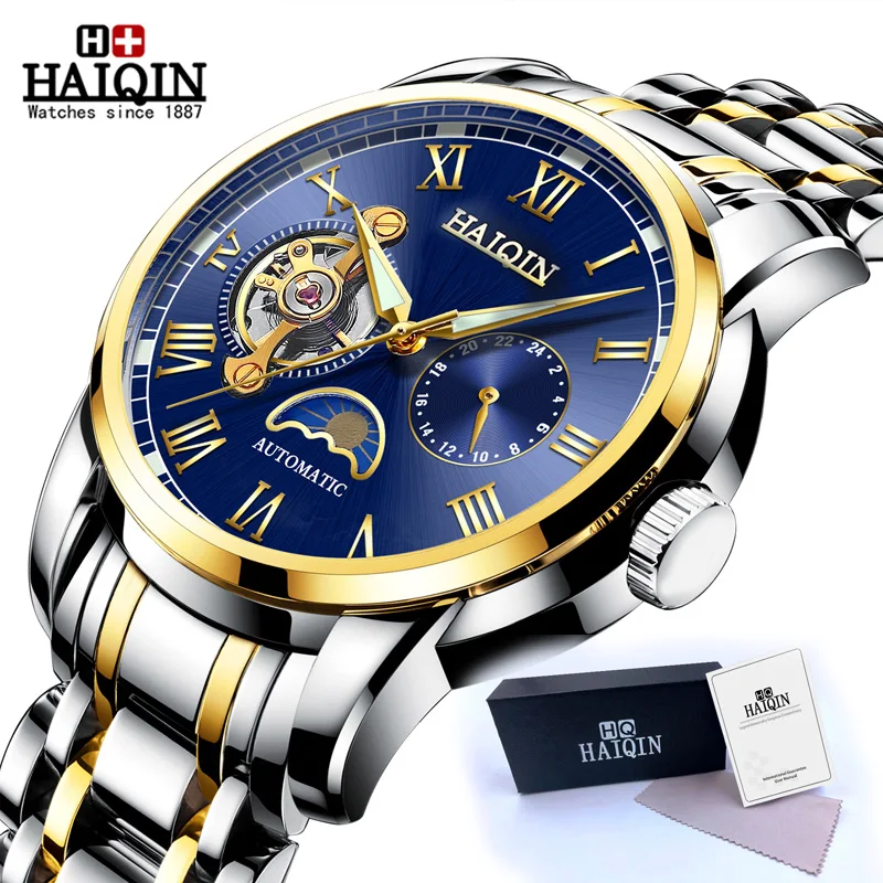 Gold Blue S HAIQIN водонепроницаемые мужские часы с скелетом из нержавеющей стали, роскошные брендовые прозрачные механические Спортивные мужские наручные часы - Цвет: Gold Blue S