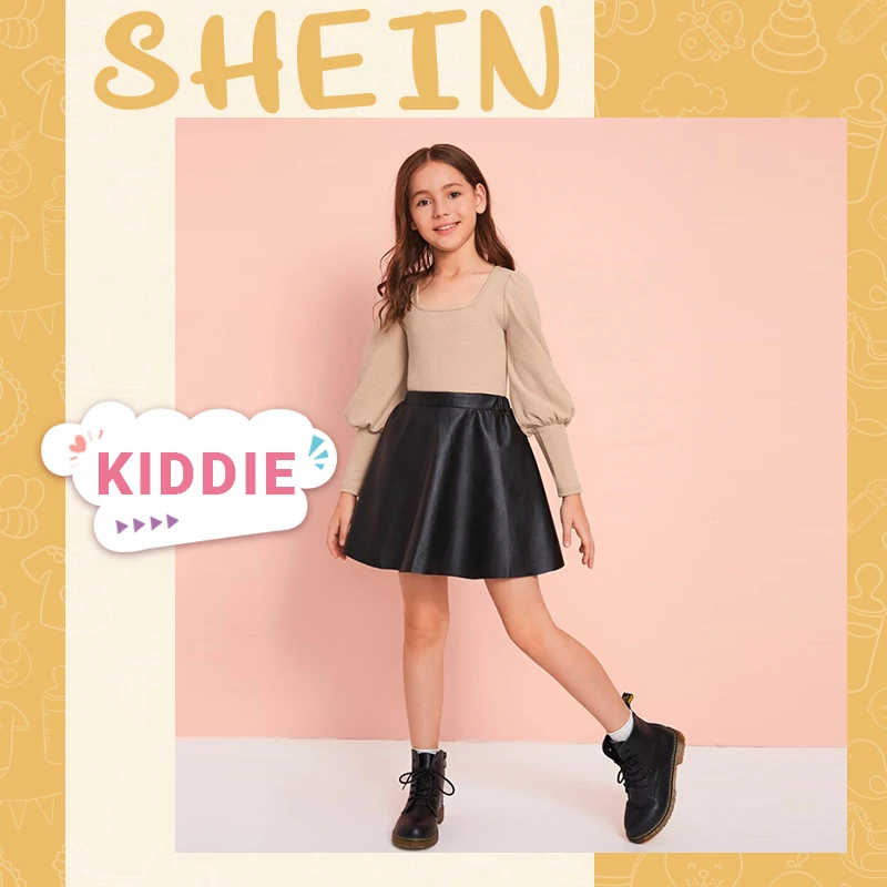 SHEIN Kiddie/Повседневная облегающая Однотонная футболка цвета хаки с квадратным вырезом для девочек детские топы, Осенние вязаные футболки с рукавами из бараньей шерсти