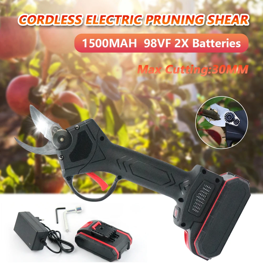 

Cordless 98VF Electric Pruning Shears Trimmer Cutter Scissors -2pcs Backup Rechargeable Lithium Battery Tree Branch Pruner 30mm