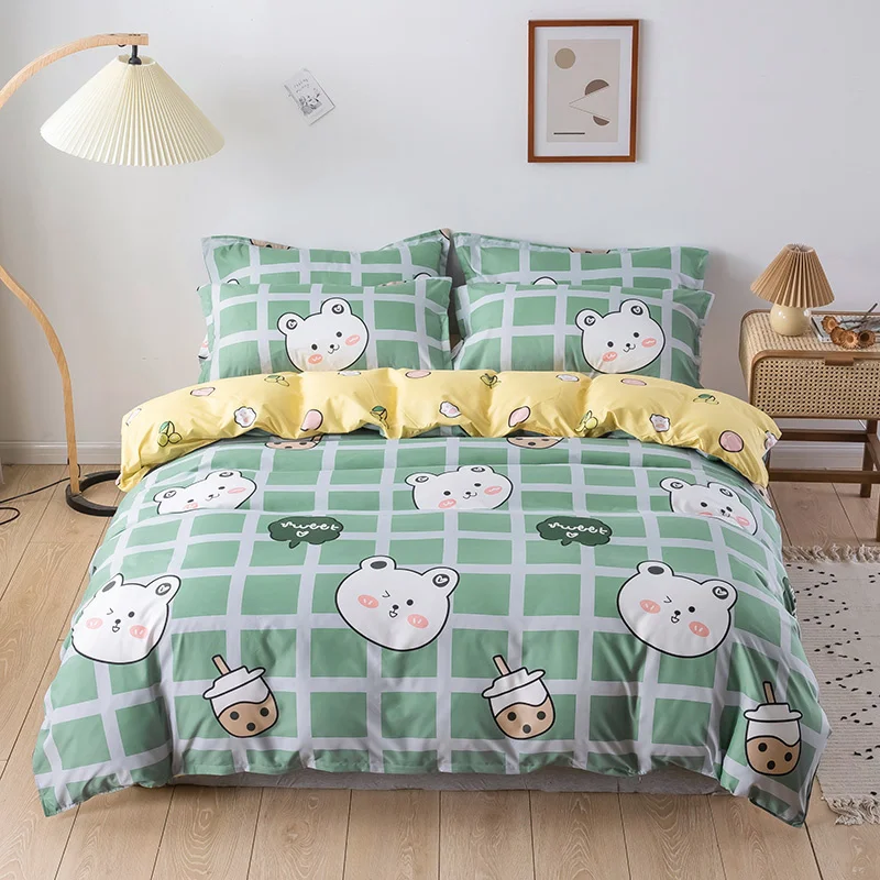 

Cartoon Cute Bear Bedding Set Simple Duvet Cover Set 3/4pc Bed Linens Green Bed Set Pillowcase Sheet And Fitted Sheet