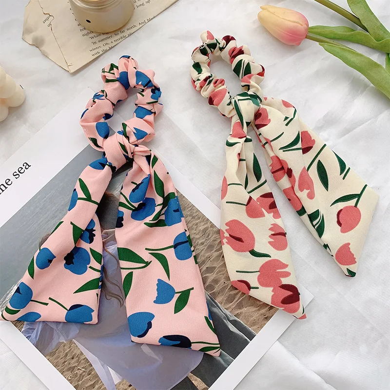 

Fashion Tulips Print Bow Scrunchies Chiffon Girls Elastic Hairbands Ribbon Ponytail Scarf Hair Bands Tie Women Hair Accessories