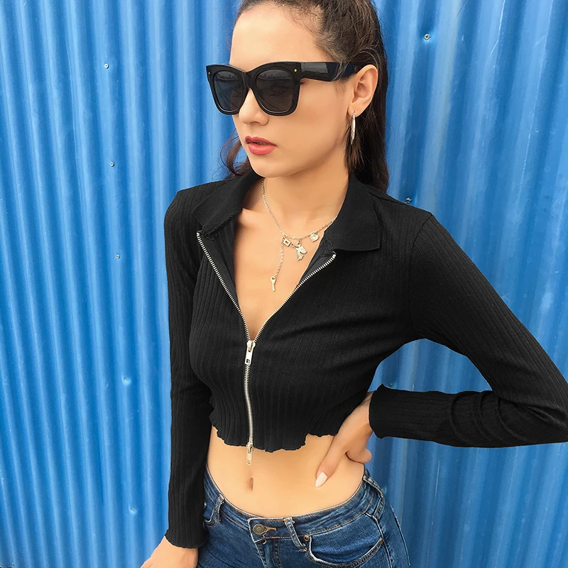 Rockmore Harajuku на молнии Короткие куртки ребристая одежда для женщин Femme с длинным рукавом Bodycon Корейская уличная одежда Базовые куртки осень