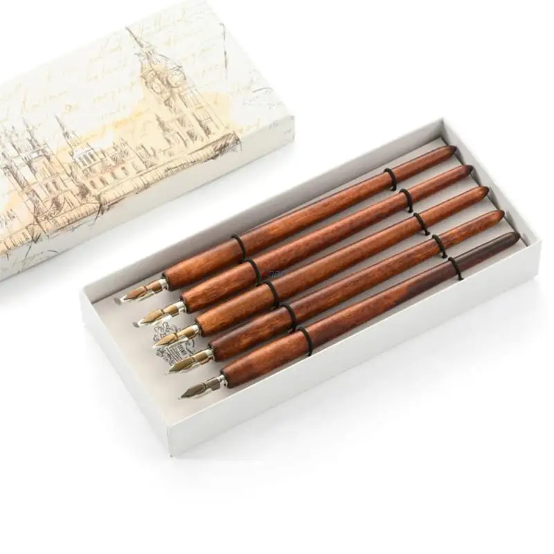 

5 Pcs Literary Retro Wooden Ink Pen 5 Nibs Set Antique Dip Calligraphy Writing Pen Office Stationery Writing Tools