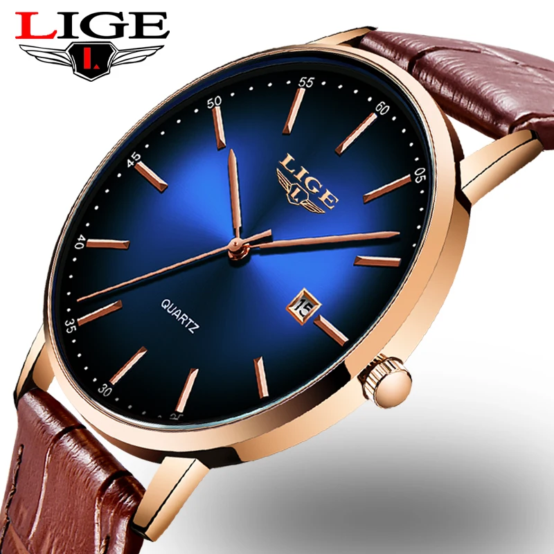 

LIGE 2022 New Casual Leather Mens Watches Top Brand Luxury Fashaion Gold Watch For Men Sport Waterproof Quartz Wristwatch+Box