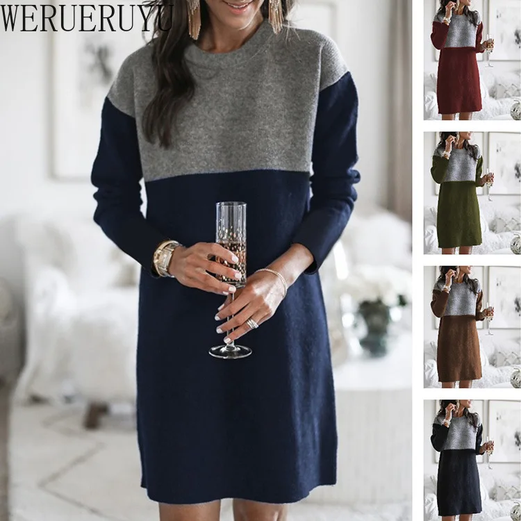 

New Knitted Mini Long Sleeve Woman Dress Patchwork Casual Autumn Winter Plus Size Korean Dresses for Women 2021 Harajuku Clothes