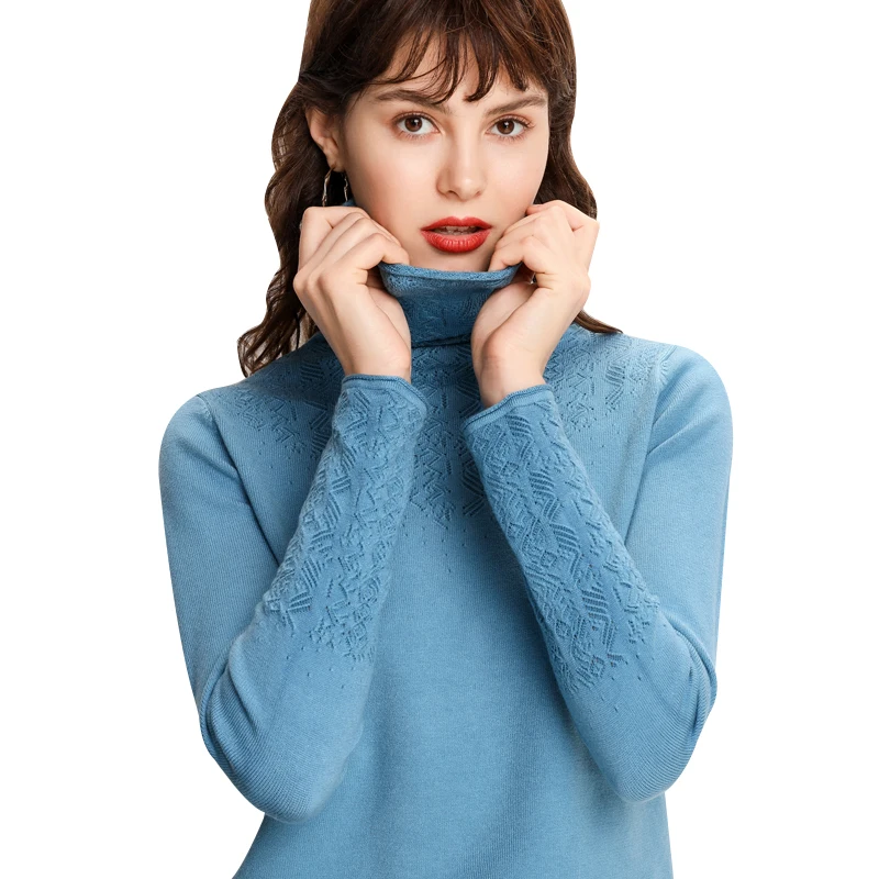 

Women's Cashmere Sweater High Collar Knitting Bottom Shirt Hollow-Carve Design Turtleneck And Pullover Style
