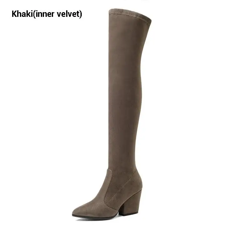 khaki(velvet) CDAXILAN/Новое поступление, Сапоги выше колена женские сапоги до бедра из искусственной замши женские зимние сапоги на высоком каблуке 8 см - Цвет: khaki(velvet)