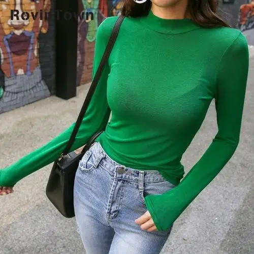 Осенне зимняя сексуальная Зеленая Футболка Kpop облегающая тонкая рубашка для