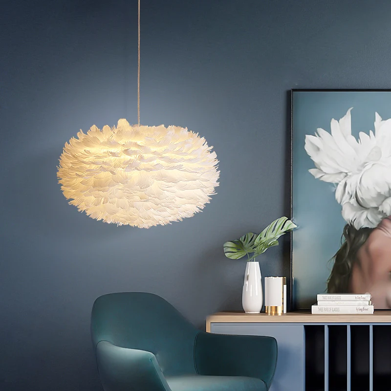 

Nordic Feather Pendant Lamp Creative Hanging Lights Goose Feather Bedroom Dining Room Loft Indoor Decoration Ceiling Chandelier