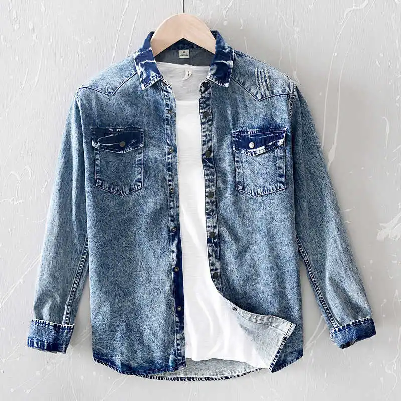 

2021 men's long sleeve vintage denim shirts with pockets stone wash pure cotton causal jean shirts men blue black Asian size