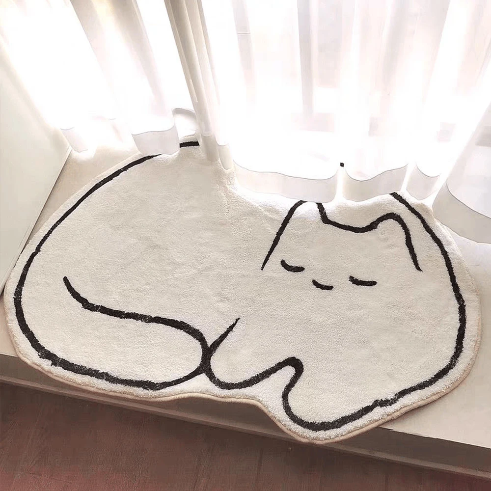 

INS Cute Cat Carpet In The Bedroom，Simple Japanese White Cat-Shaped Rug, Furry Mat, Bedside Mat, Cute Room Decoration Rug