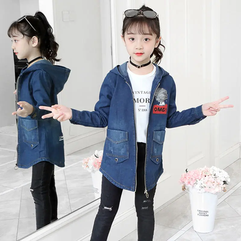 INS/Лидер продаж Джинсовый плащ для девочек От 4 до 15 лет Детская ветровка весенне