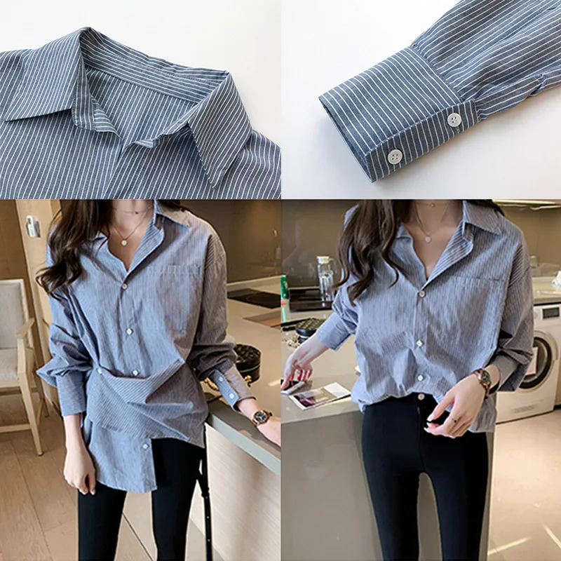 

Women Striped Blouse Casual Turn Down Collar Retro Stripes Pattern Shirt Female Long-sleeved Loose Blouses