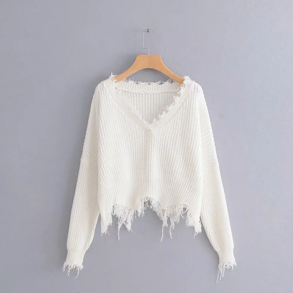 

High Quality Knitted Sexy Sweater Oversized Ripped V Neck Loose Pullover Autumn Winter Crochet Tassel Cropped Jumpers Top