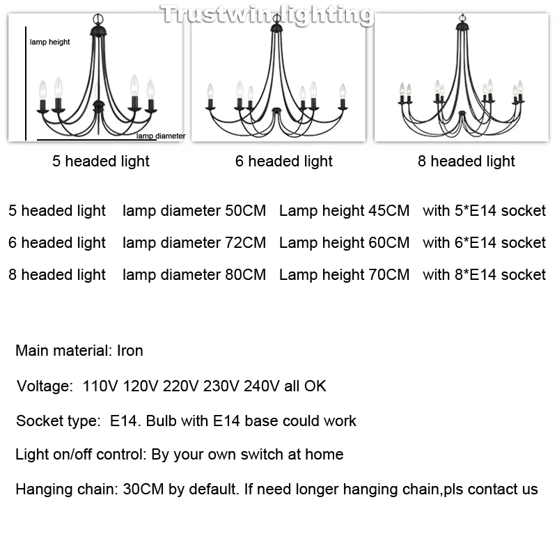 

European American country simple candle iron chandelier light lamp LED droplight arcuate modern iron LED chandelier for dinning