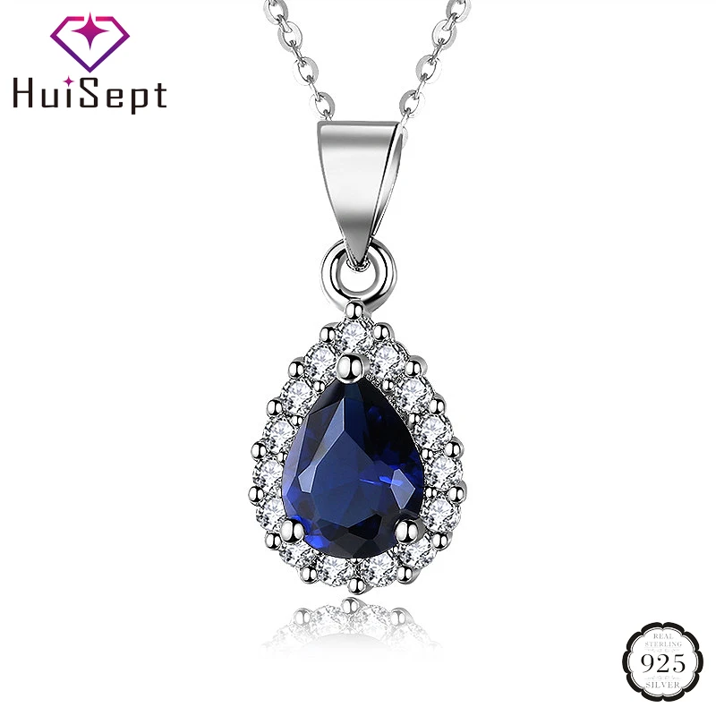 

HuiSept 925 Silver Necklace Jewellery Water Drop Shaped Sapphire Zircon Gemstones Pendant Ornaments for Women Wedding Wholesales