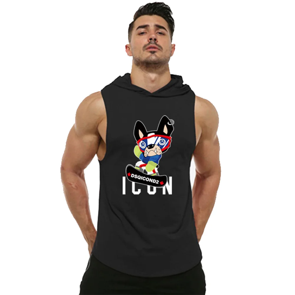

Funny Skateboard bulldog with ICON letters Summer new sports hooded vest Men's casual fitness vest running training clothing