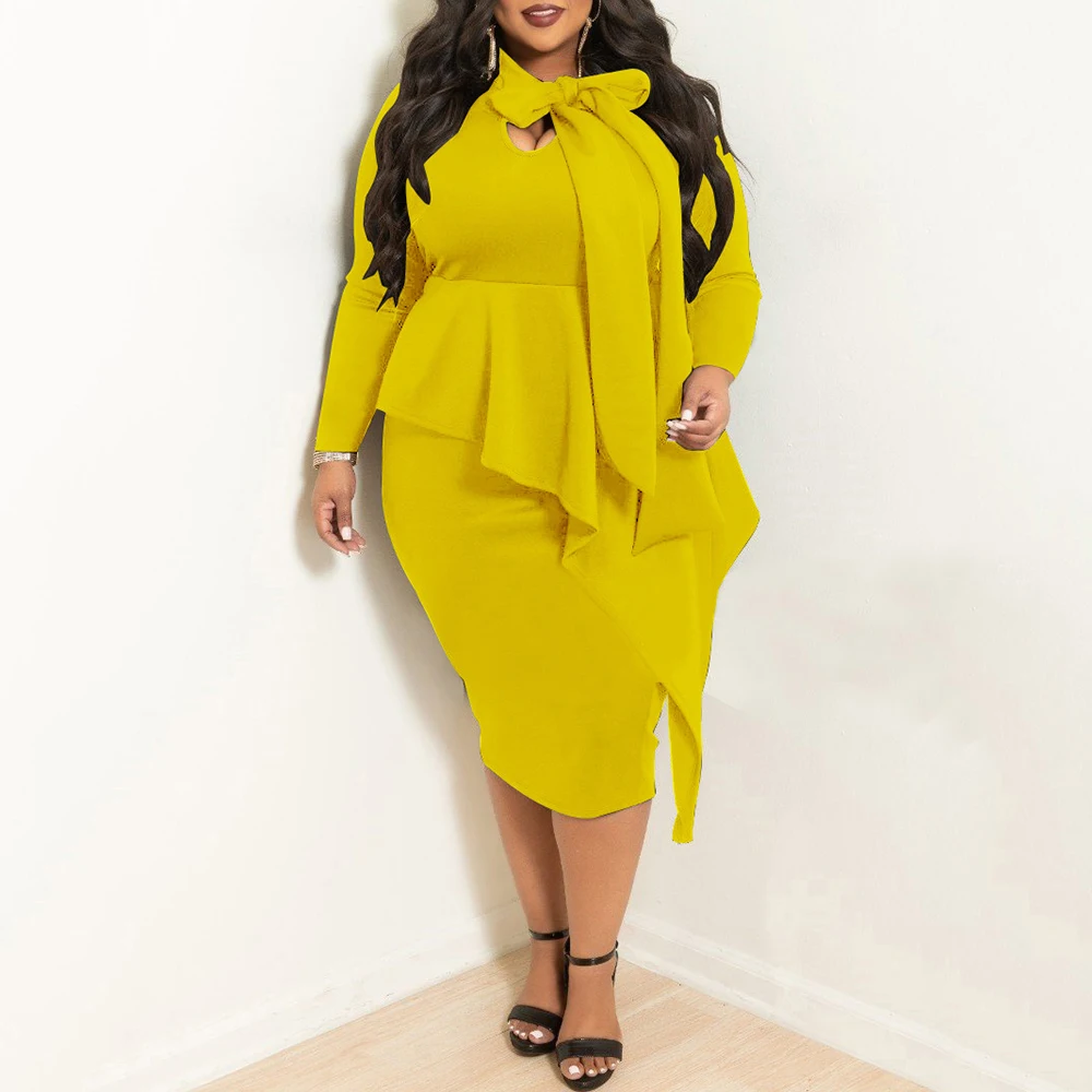 Желтое вечернее облегающее платье большого размера в африканском стиле офисное