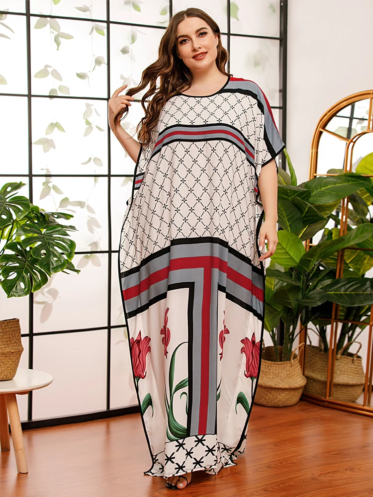 Bat Sleeve Plus Size Women Clothing Large Long Dress Summer 2020 Contrast Color Loose Casual Maxi Dresses Arab Robe Kaftan | Женская