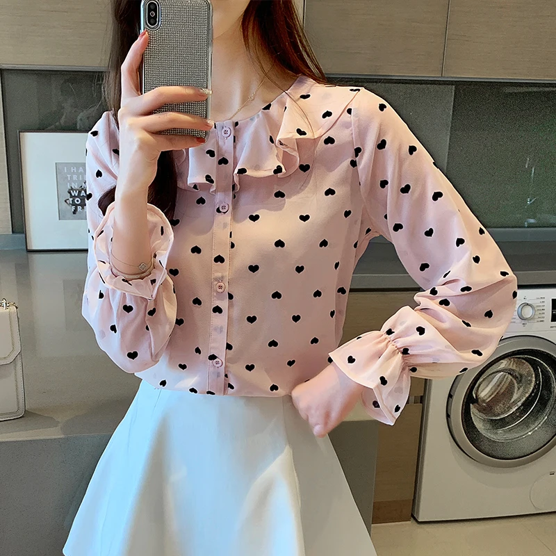 

New 2021 Autumn Fashion Shirts for Women Casual O-neck Printed Women Chiffon Blouses Long Sleeve Sweet Style Women Tops 6200 50