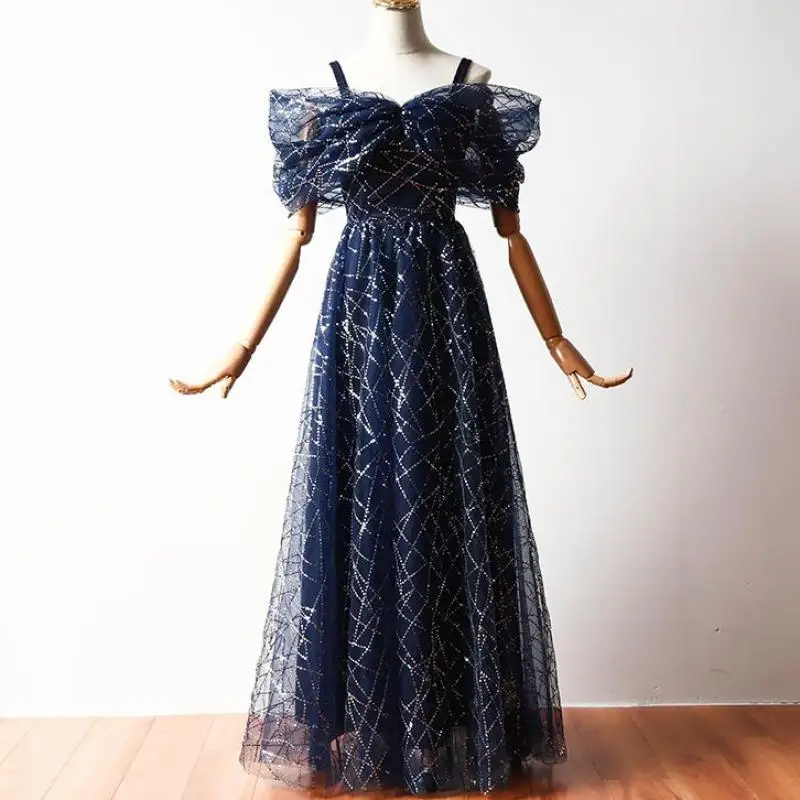 Вечерние трапециевидные сексуальные платья до пола с блестками темно синие