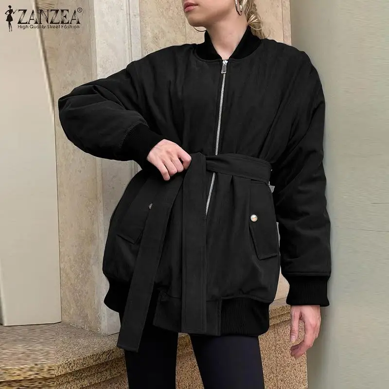 

ZANZEA Women Fashion Coats Jackets 2021 Autumn Winter Long Sleeve Belted Outwears Oversized Casual Solid Zip Up Trench Coats