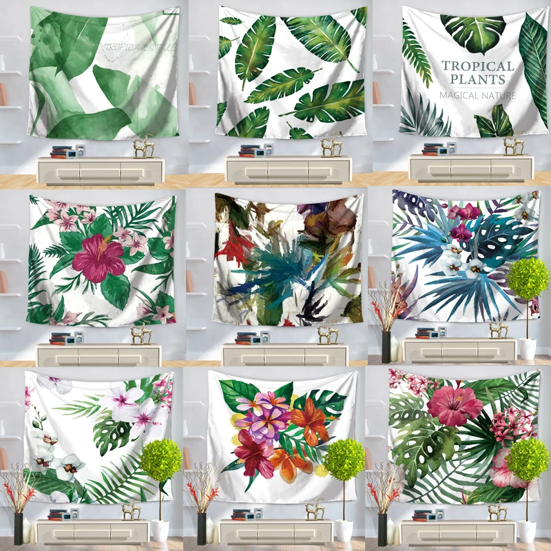 Зеленый гобелен с изображение листьев тропические растения настенный подвесной