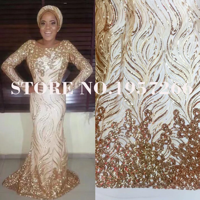 

Gold Sequins Lace For Aso Ebi Dress African High Quality Lace Latest African Laces With Gold Sequin Fabric 2021 4.5*1.35m/lot