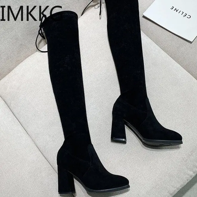 Черные Сапоги выше колена женские сапоги на высоком квадратном каблуке модные
