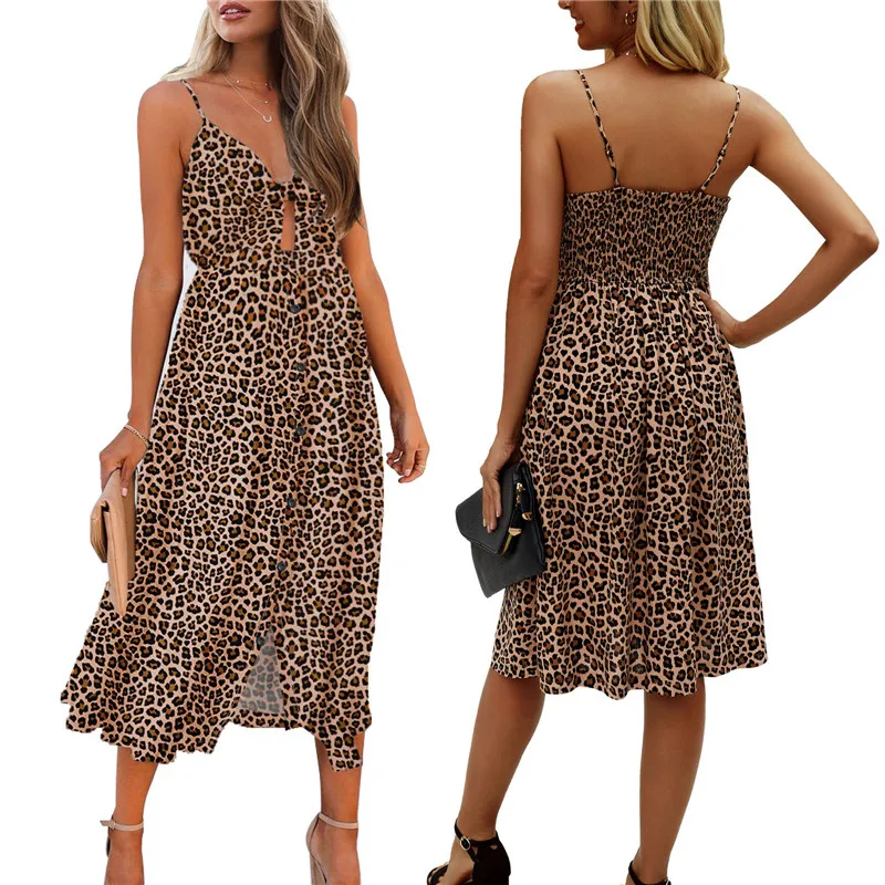 Женское платье на бретелях-спагетти леопардовое Повседневное средней длины с