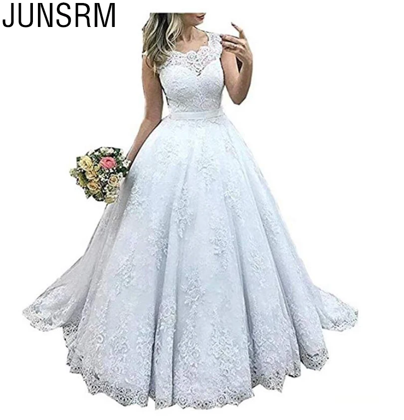 

2019 New Jewel Neck Lace A Line Wedding Dresses 2019 Applique With Bow Covered Button Sweep Train Bride Gown