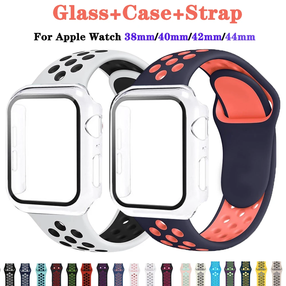 

Strap+Glass+Case For Apple Watch Band Case Strap 44mm 40mm 42mm 38mm Silicone Bracelet For iWatch 6 5 Screen Protetor Watchband