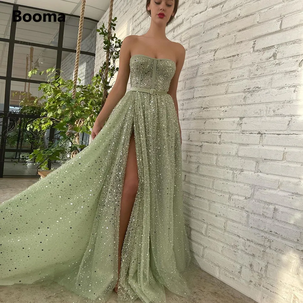 

Booma Sage Green Glitter Sequin Lace Maxi Prom Dresses Strapless Beaded Pearls High Slit A-Line Evening Gowns Formal Party Dress