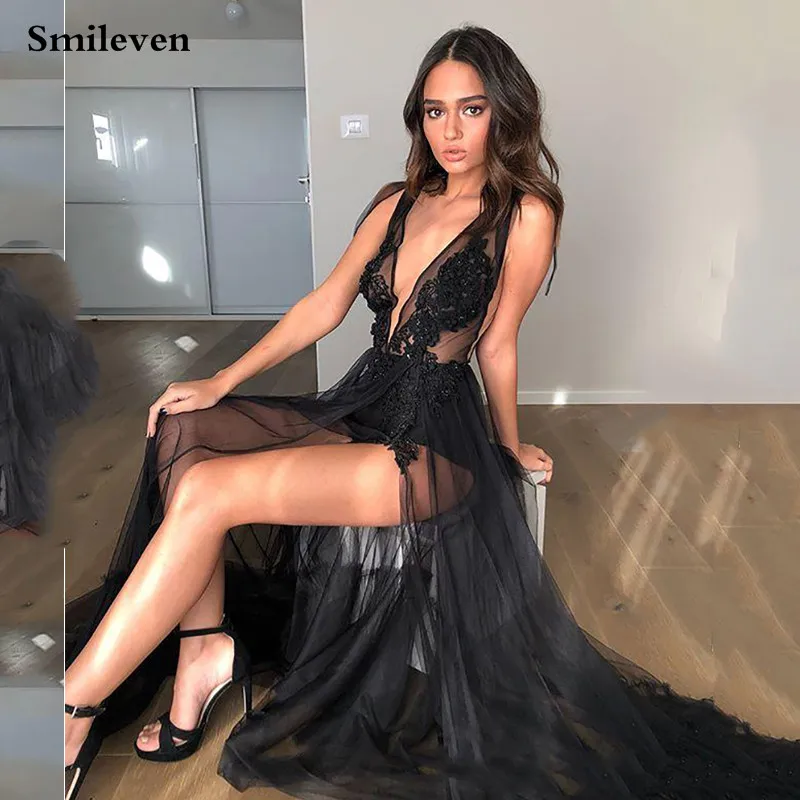 

Smileven Lace Evening Dress Formal Wear High Split A Line Prom Gowns See Through Long Evening Party Dress