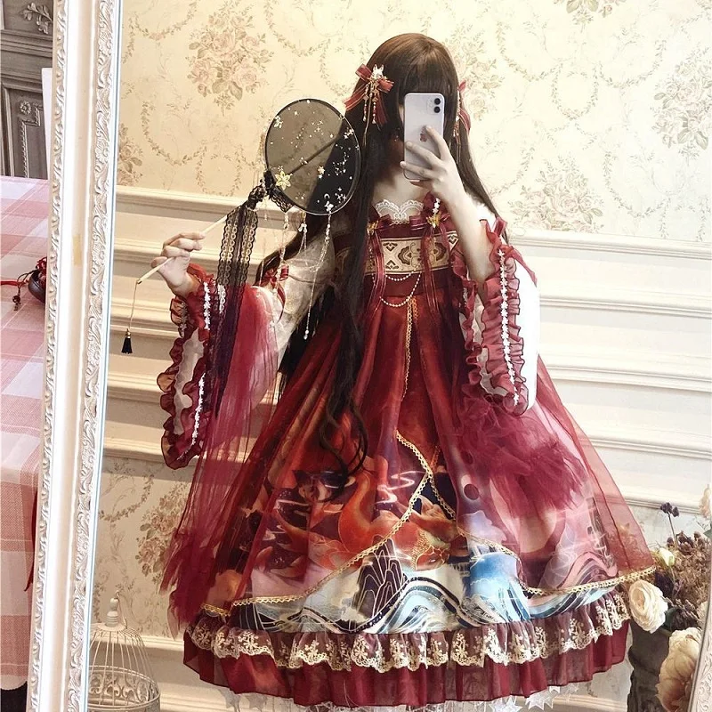 

Милое платье в китайском стиле Харадзюку в стиле "Лолита", женское Сетчатое платье принцессы с новогодним принтом дракона, женское платье