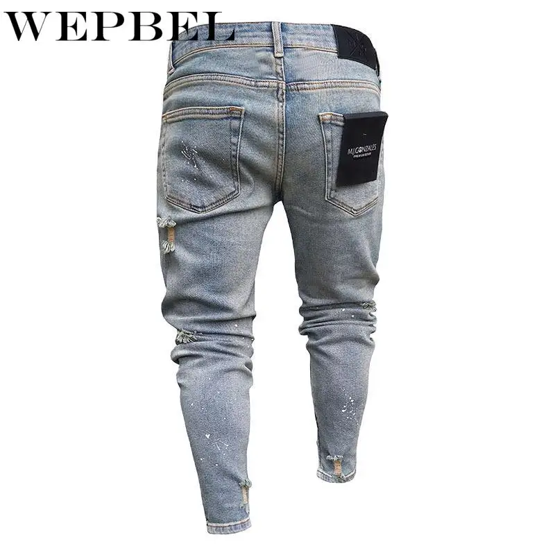 

Mandylandy Men Straight Slim Pants Denim Hole Jeans Patchwork Pants Punk Ripped Skinny Trousers Leggings