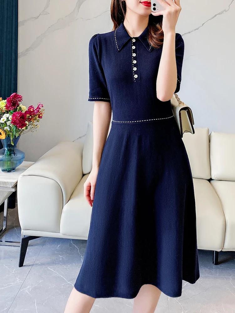 

Navy Blue Polo Cotton Kintted Short Sleeves Dress Size XS-XL UK Fashion
