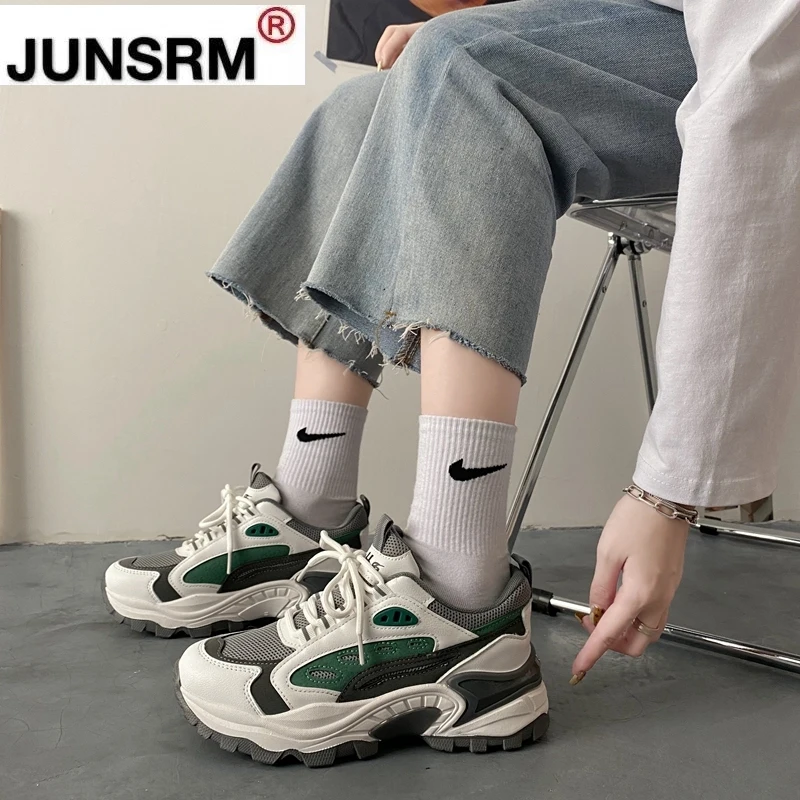 

Women Chunky Vulcanize Shoes Spring Mixed Color Lace-Up Platform Fashion Soft Breathable Mesh Ladies Girl Sneakers