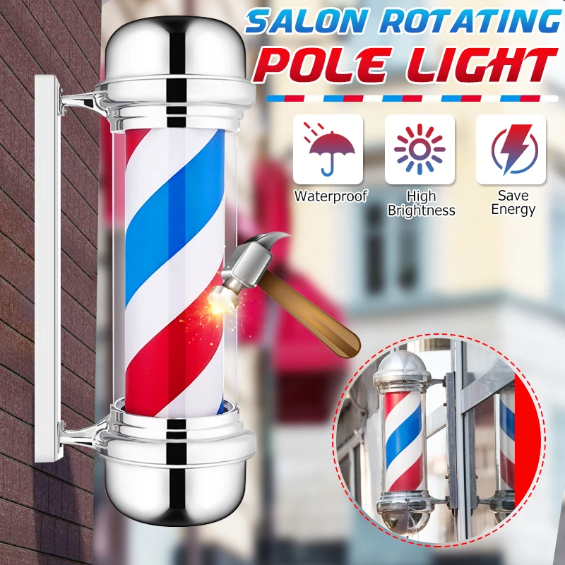 55cm Barber Shop Pole Rotating Lighting Red White Blue Stripe Rotating Light Stripes Sign Hair Wall Hanging LED Downlights