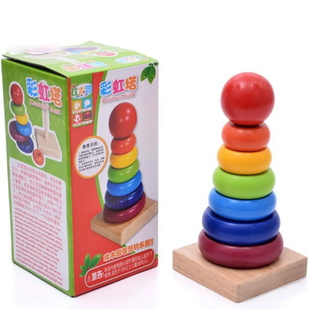 

Wooden Rainbow Tower Lapped Rings Chromatic Water-based Paint Bauble Building Blocks Educational Toys For Children