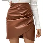 Женская юбка с рюшами, однотонная мини-юбка из искусственной кожи с застежкой-молнией и асимметричным подолом, юбка с высокой талией и рюшами, уличная одежда, 2021