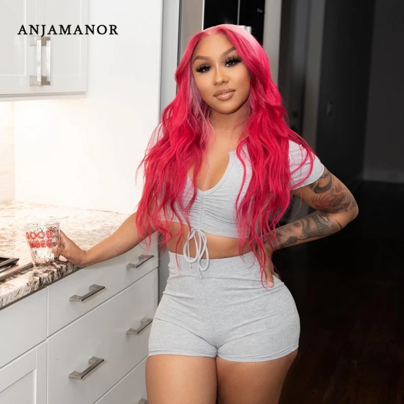 

ANJAMANOR пикантные однотонные ребра вязаный комплект из двух предметов комплект одежды летняя одежда для женщин 2021 спортивный короткий топ, шо...