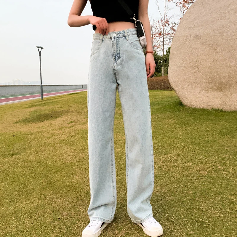 

Nice Solid High Waist Woman's Wide Leg Denim Pants Casual Loose Full Length Ladies Jeans Trousers Streetwear Female Jeans Pants